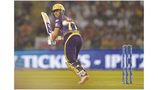 Kolkata Knight Ridersu2019 Shubman Gill plays a shot during the 2019 IPL match against between Kings XI Punjab at the Punjab Cricket Association Stadium in Mohali yesterday. (AFP)