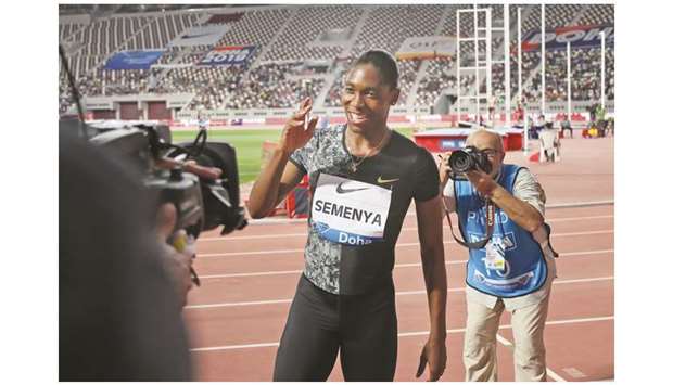 South Africau2019s Caster Semenya celebrates after winning the womenu2019s 800m during the IAAF Doha Diamond League at the Khalifa International Stadium yesterday.