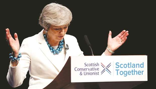 Prime Minister Theresa May speaks at the Scottish Conservative conference in Aberdeen, Scotland.