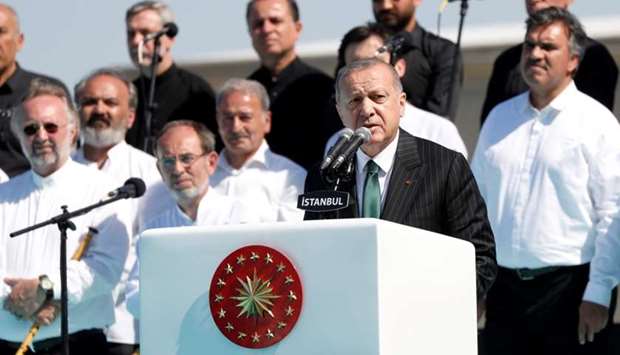 Turkish President Tayyip Erdogan makes a speech during the opening ceremony of Grand Camlica Mosque in Istanbul, Turkey, May 3,