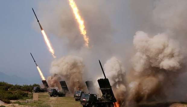 North Korean military conducts a ,strike drill, for multiple launchers and tactical guided weapon into the East Sea during a military drill in North Korea, in this May 4, 2019 photo. KCNA via REUTERS