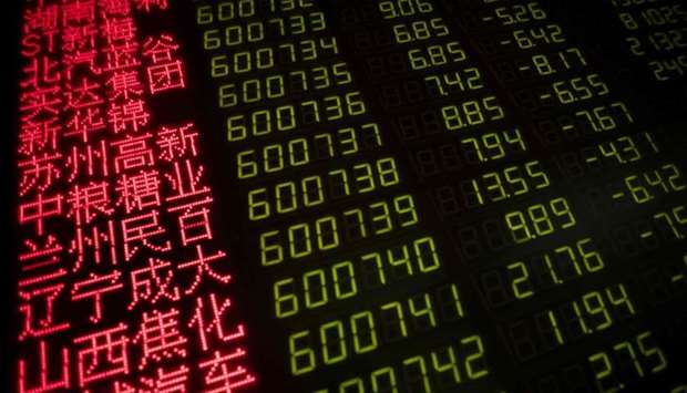 Stock price movements are seen on a screen at a securities company in Beijing