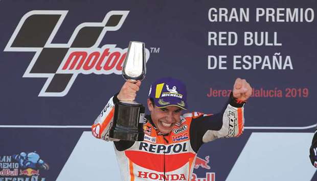 Repsol Honda Teamu2019s Marc Marquez celebrates on the podium after winning the Spanish Grand Prix in Jerez yesterday.
