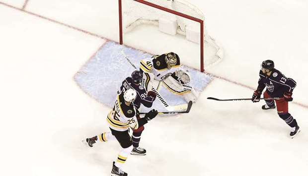 Tuukka Rask of the Boston Bruins makes a save as Matt Duchene (second left) of the Columbus Blue Jackets looks for the rebound during the second period in Game Six of the Eastern Conference second round during the 2019 NHL Stanley Cup Playoffs at Nationwide Arena in Columbus, Ohio. (Getty Images/AFP)