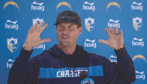 Chargers quarterback Philip Rivers speaks to the media on the first day of training at Hoag Performance Center Field in Costa Mesa, California. (Los Angeles Times/TNS)