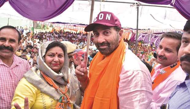 BJPu2019s Lok Sabha candidate from Gurdaspur, Sunny Deol,  campaigns for the forthcoming Lok Sabha polls, at Bhoa in Punjabu2019s Pathankot district yesterday.