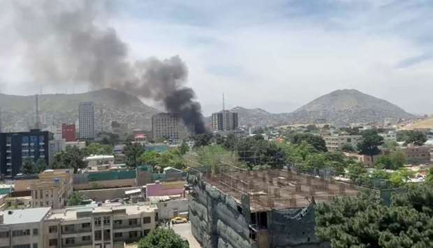 Smoke rises from the site of a blast in Kabul, in this still image taken from a video obtained by social media