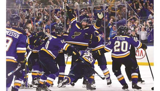 St. Louis Blues left wing Pat Maroon is congratulated by teammates after scoring the game winning goal in double overtime in game seven of the second round of the 2019 Stanley Cup playoffs against the Dallas Stars at Enterprise Center. PICTURE: USA TODAY Sports