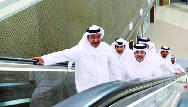 HE the Minister of Transport and Communications Jassim Seif Ahmed al-Sulaiti, HE the Minister of Municipality and Environment Abdullah bin Abdulaziz bin Turki al-Subaie and other officials at a Doha Metro station on Wednesday. PICTURES: Jayan Orma