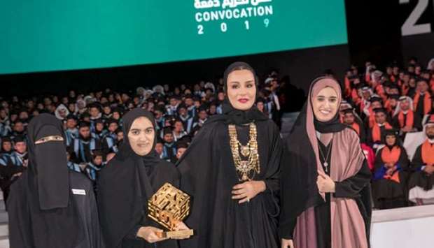 Her Highness Sheikha Moza bint Nasser, Chairperson of Qatar Foundation, awarded students Nawal al-Kurbi, Almazun al-Marri and Amal al-Gherainig with the 2nd annual Akhlaquna Award for their project 'Mobsron', which aims to empower and integrate the visually impaired in society through a mobile app that aids in food ordering and restaurant transactions.