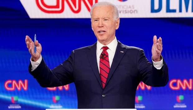 Democratic US presidential candidate and former Vice President Joe Biden speaks during the 11th Democratic candidates debate of the 2020 U.S. presidential campaign, held in CNN's Washington studios without an audience because of the global coronavirus pandemic, in Washington, US, March 15