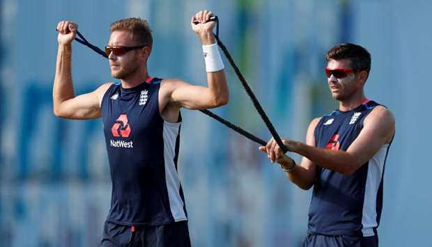 Englandu2019s Stuart Broad (left) and James Anderson during nets in Antigua on January 29, 2019. (Reuters)