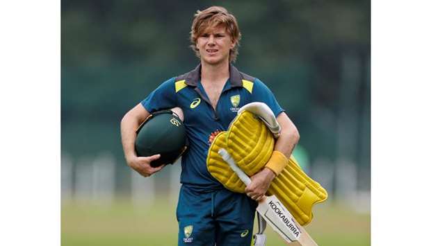 Australiau2019s Adam Zampa during nets practice at the ICC Cricket World Cup at the Merchant Taylors School in Northwood, Britain, on June 23, 2019. (Reuters)