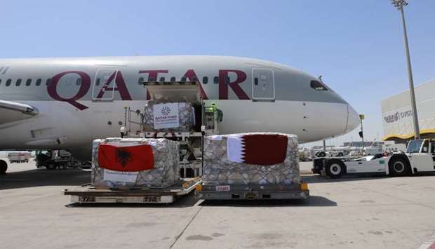 The aid shipment to Albania being loaded on to a Qatar Airways aircraft.rnrn