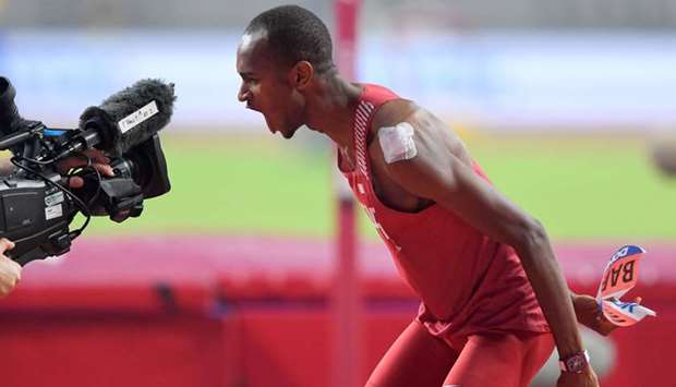 Qataru2019s Mutaz Barshim celebrates winning his gold medal in the menu2019s high jump event at the Doha World Athletics Championships on October 4, 2019. (Red Bull Content Pool)