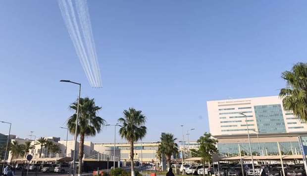 Aircraft flying in formation over Hamad General Hospital. PICTURE: Shemeer Rasheed.