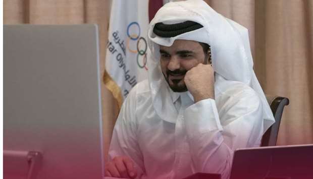 HE Sheikh Joaan bin Hamad al-Thani participating in the Olympic Refuge Foundation Executive Office annual meeting via video conferencing