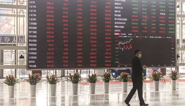 A man wearing a protective mask walks past an electronic stock board at the Shanghai Stock Exchange. In Chinau2019s dominant interbank bond market, which is overseen by the countryu2019s central bank, the outstanding value of bonds with a maturity of no longer than one year now stands at 2.6tn yuan ($370bn), or 11.5% of the total, according to data compiled by Bloomberg. The Shanghai bourse said qualified issuers of such bonds can only use the proceeds to repay debt that will mature in less than a year and replenish working capital.