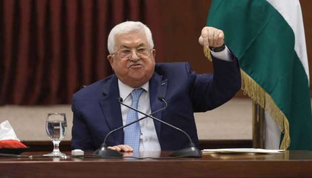 Palestinian President Mahmoud Abbas speaks during the leadership meeting at his headquarters in the West Bank city of Ramallah.