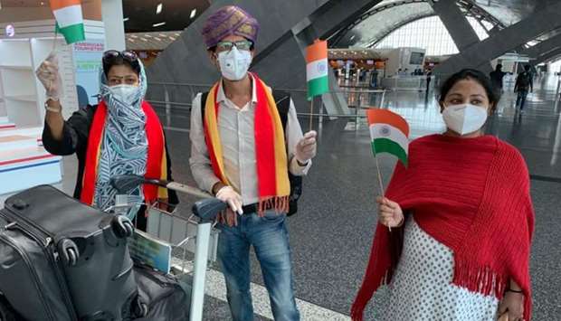 Bengaluru-bound passengers at Hamad International Airport Friday as part of the Indian repatriation mission