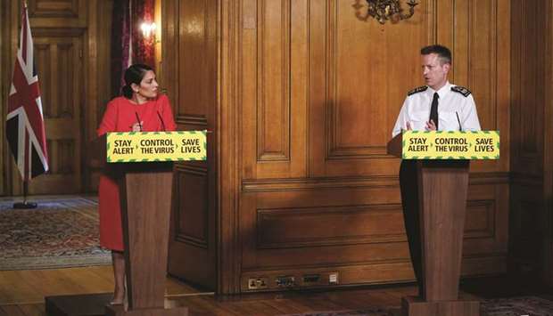 Home Secretary Priti Patel holds a daily news conference with Border Force director general Paul Lincoln and chief scientific Adviser Sir Patrick Vallance (not pictured) on the coronavirus outbreak, at 10 Downing Street in London, Britain, yesterday.