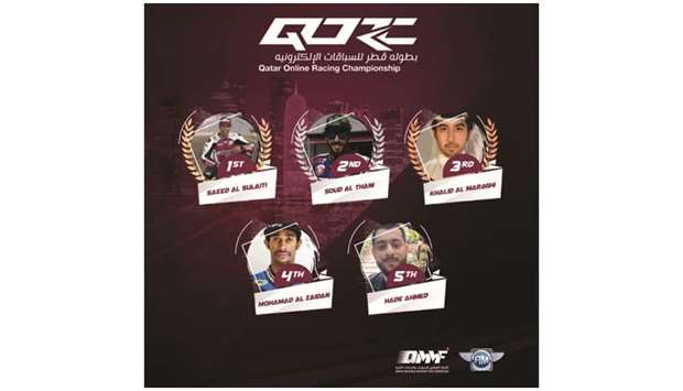 Top-five finishers of the Qatar Online Racing Championship for bikes.