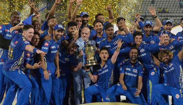 In this May 12, 2019, picture, Mumbai Indians celebrate their victory in the Indian Premier League. (AFP)