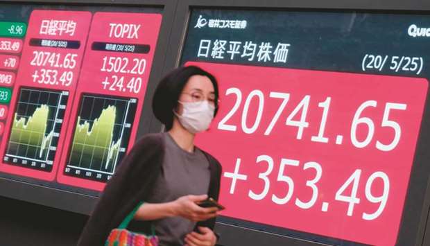A woman walks past an electronic quotation board displaying share prices of the Tokyo Stock Exchange. The TSE closed 1.7% higher at 20,741.65 points yesterday