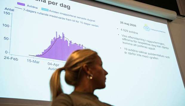 A journalist is seen in front of a screen as the Swedish Public Health Agency releases the new total number of people who died due to the coronavirus, during a press conference yesterday in Solna, near Stockholm.
