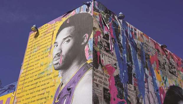A mural of late NBA great Kobe Bryant is pictured during the public memorial for him, his daughter Gianna Bryant and seven others killed in a helicopter crash, at the Staples Center in Los Angeles on February 24, 2020. (Reuters)
