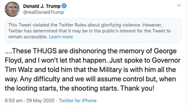 A screenshot of a tweet by US President Donald Trump posted that shows also the notice by Twitter