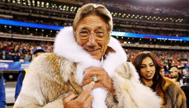 Former New York Jets quarterback Joe Namath points to his championship ring before the Seattle Seahawks play the Denver Broncos in the NFL Super Bowl XLVIII football game in East Rutherford, New Jersey, on February 2, 2014. (Reuters)