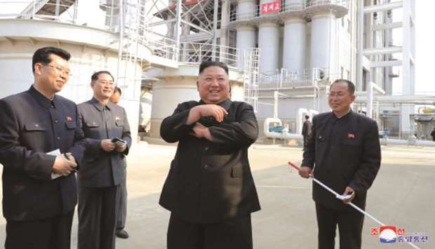 North Korean leader Kim Jong-un attends the completion of a fertiliser plant, in a region north of the capital, Pyongyang, in this image released by North Koreau2019s Korean Central News Agency (KCNA) on Saturday.