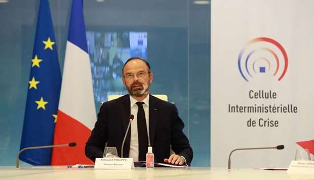French Prime Minister Edouard Philippe takes part in a videoconference with French prefets at the crisis centre of the Ministry of Interior in Paris on April 29