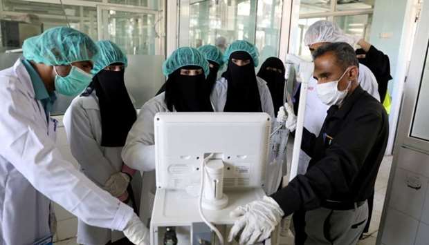 Nurses receive training on using ventilators, recently provided by the World Health Organization at the intensive care ward of a hospital allocated for novel coronavirus patients in preparation for any possible spread of the coronavirus disease, in Sanaa, Yemen