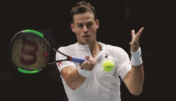 Canadau2019s Vasek Pospisil in action during his Davis Cup semi-final match against Russiau2019s Andrey Rublev at Caja Magica in Madrid on November 23, 2019. (Reuters)