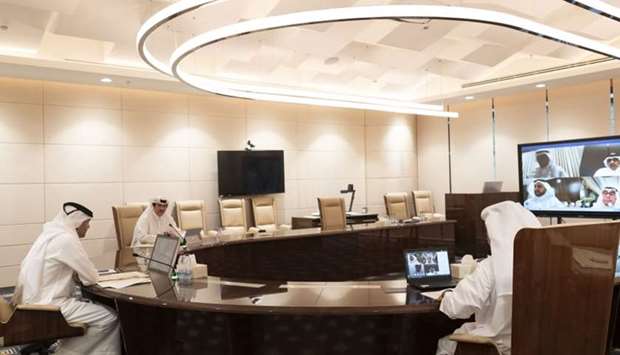HE the Prime Minister and Minister of Interior Sheikh Khalid bin Khalifa bin Abdulaziz Al-Thani, HE the Minister of Commerce and Industry Ali bin Ahmed al-Kuwari, and chairman of Qatar Free Zones Authority's Board of Directors Ahmed bin Mohamed al-Sayed attend the virtual meeting.