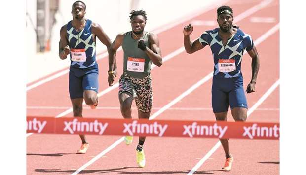 Noah Lyles beats Kenny Bednarek and Aaron Brown to win the 200m dash during the USATF Golden Games and World Athletics Continental Tour event at the Mt. San Antonio College in Walnut, California.