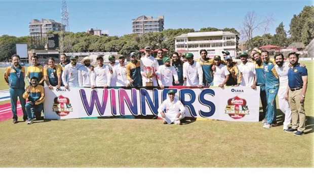 Pakistan players and officials celebrate their Test series victory over Zimbabwe in Harare yesterday. (PCB)