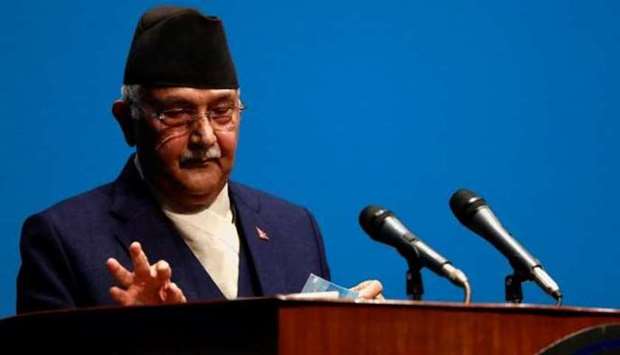 Nepal's Prime Minister Khadga Prasad Sharma Oli, also known as K P Oli, delivers a speech before a confidence vote at the parliament in Kathmandu, Nepal recently.  (Reuters)