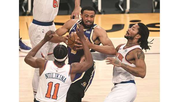 Los Angeles Lakers guard Talen Horton-Tucker (centre) drives to the basket in the first half of the NBA game against New York Knicks at Staples Center in Los Angeles, California, United States, on Tuesday. (USA TODAY Sports)