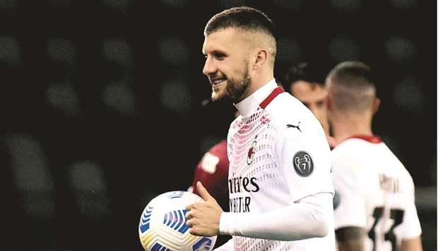 AC Milanu2019s Ante Rebic celebrates after scoring a hat-trick against Torino in the Serie A in Turin, Italy, on Wednesday. (Reuters)