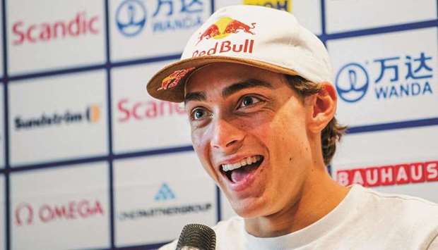 Swedenu2019s pole vaulter Armand Duplantis smiles during a press conference in Stockholm on May 10, 2021.