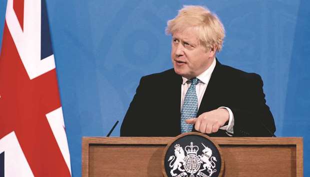 Britainu2019s Prime Minister Boris Johnson gives an update on the coronavirus Covid-19 pandemic during a virtual press conference inside the new Downing Street Briefing Room in central London, yesterday.