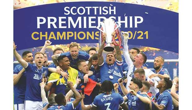 Rangers players celebrate after winning the Scottish Premiership. (Reuters)