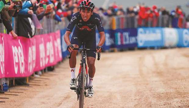 Team Ineos rider Colombiau2019s Egan Bernal crosses the finish line to win the ninth stage of the Giro du2019Italia, 158km between Castel di Sangro and Campo Felice (Rocca di Cambio), yesterday. (AFP) rivals to take Giro du2019Italia lead