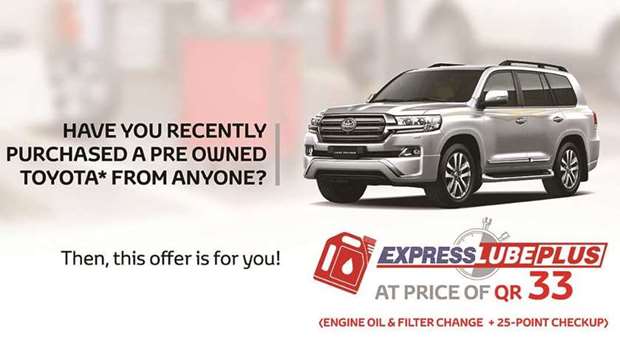 Any person or organisation purchasing a pre-owned Toyota vehicle from anyone, between April 24 and June 10, can enjoy Lube Plus service for only QR33. The Express Lube Plus Service includes oil and filter change along with a 25-point checkup.