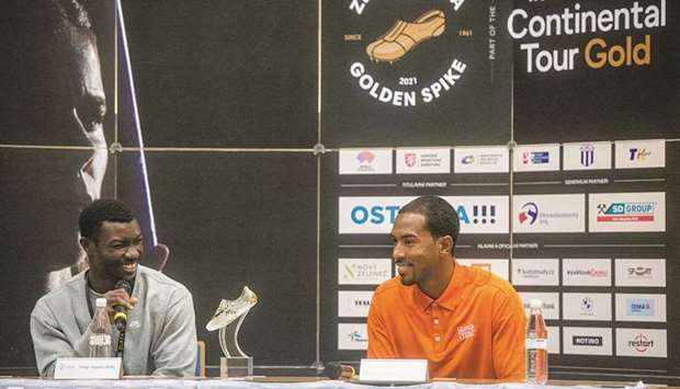 Burkina Fasou2019s athlete Hugues Fabrice Zango and USAu2019s Christian Taylor (right) during a press conference in Ostrava yesterday. (AFP)