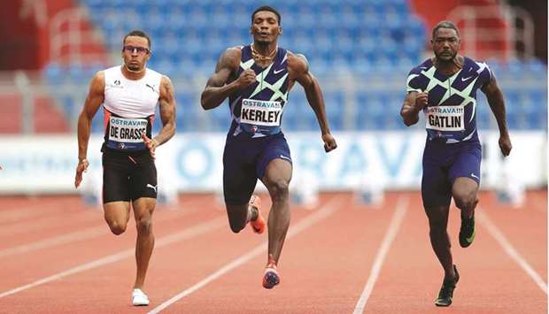 Fred Kerley (centre) of the US wins the menu2019s 100m ahead of compatriot Justin Gatlin (right) and Canadau2019s Andre de Grasse at the Golden Spike athletics meet in Ostrava, Czech Republic, yesterday. (Reuters)