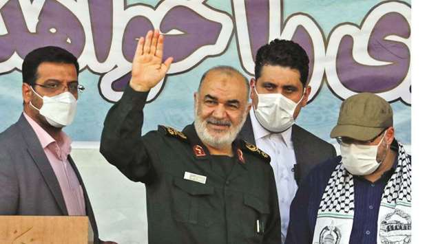 Head of Iranu2019s Revolutionary Guard Corps Hossein Salami leaves after delivering a speech during a march to condemn the ongoing air strikes on the Gaza Strip, in the capital Tehranu2019s Palestine square, yesterday. 